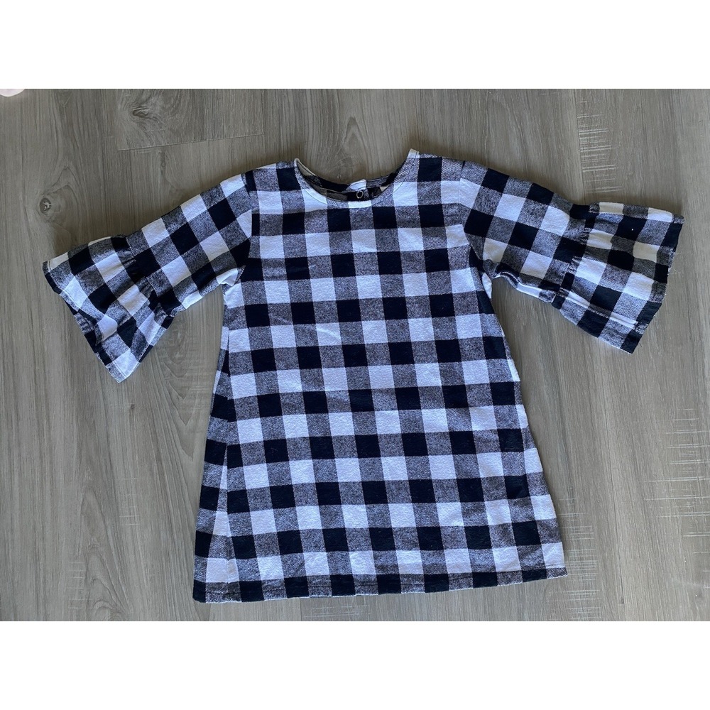Toddler Girls Black & White Buffalo Plaid Long Top with Flare ¾ Sleeves. Size 4T